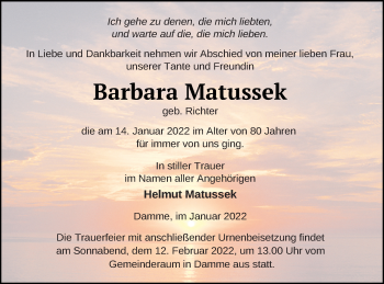 Traueranzeige von Barbara Matussek von Prenzlauer Zeitung