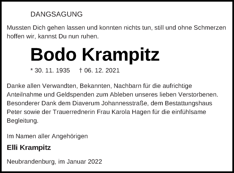  Traueranzeige für Bodo Krampitz vom 15.01.2022 aus Neubrandenburger Zeitung
