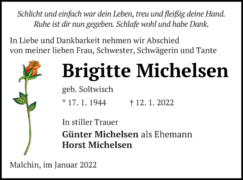  Traueranzeige für Brigitte Michelsen vom 14.01.2022 aus Mecklenburger Schweiz
