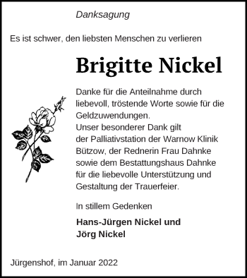 Traueranzeige von Brigitte Nickel von Müritz-Zeitung