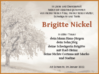 Traueranzeige von Brigitte Nickel von Müritz-Zeitung