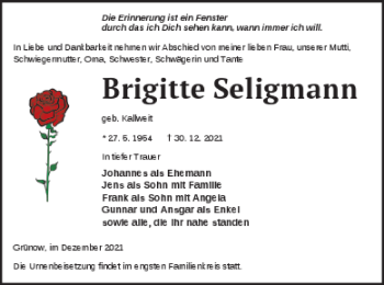 Traueranzeige von Brigitte Seligmann von Prenzlauer Zeitung