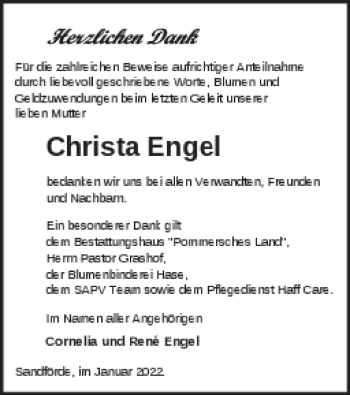 Traueranzeige von Christa Engel von Pasewalker Zeitung