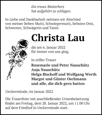 Traueranzeige von Christa Lau von Haff-Zeitung