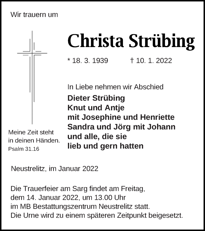  Traueranzeige für Christa Strübing vom 12.01.2022 aus Strelitzer Zeitung