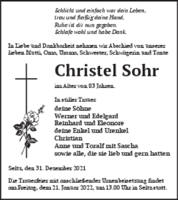 Traueranzeige von Christel Sohr von Neubrandenburger Zeitung