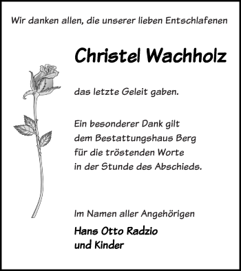 Traueranzeige von Christel Wachholz von Mecklenburger Schweiz