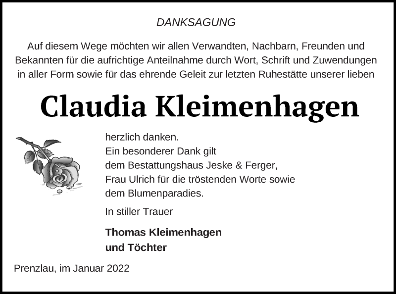  Traueranzeige für Claudia Kleimenhagen vom 28.01.2022 aus Prenzlauer Zeitung