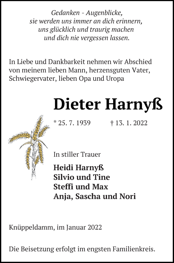  Traueranzeige für Dieter Harnyß vom 14.01.2022 aus Müritz-Zeitung