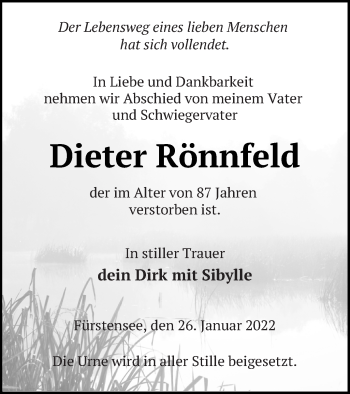 Traueranzeige von Dieter Rönnfeld von Strelitzer Zeitung