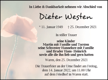 Traueranzeige von Dieter Westen von Müritz-Zeitung