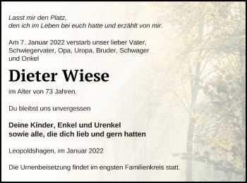 Traueranzeige von Dieter Wiese von Haff-Zeitung