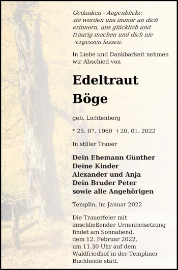 Traueranzeige von Edeltraut Böge von Templiner Zeitung