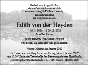 Traueranzeige von Edith von der Heyden von Müritz-Zeitung