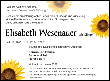 Traueranzeige von Elisabeth Wesenauer von Strelitzer Zeitung