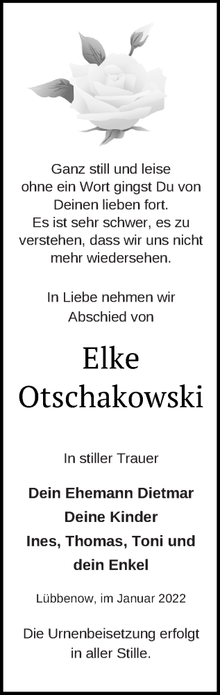 Traueranzeige von Elke Otschakowski von Prenzlauer Zeitung