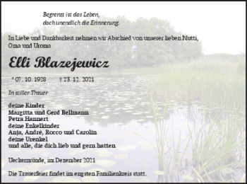 Traueranzeige von Elli Blazejewicz von Haff-Zeitung