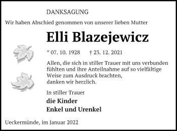 Traueranzeige von Elli Blazejewicz von Haff-Zeitung