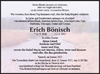 Traueranzeige von Erich Bönisch von Pasewalker Zeitung