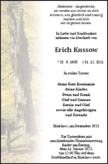 Traueranzeige von Erich Kussow von Müritz-Zeitung