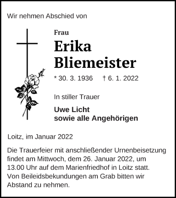 Traueranzeige von Erika Bliemeister von Vorpommern Kurier