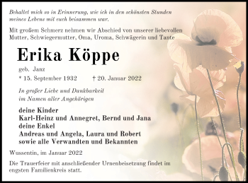 Traueranzeige von Erika Köppe von Vorpommern Kurier