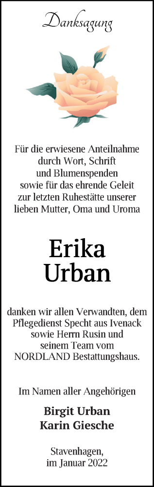  Traueranzeige für Erika Urban vom 25.01.2022 aus Mecklenburger Schweiz