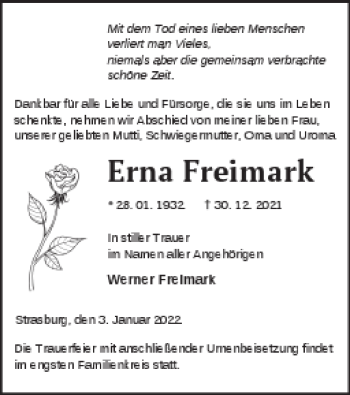 Traueranzeige von Erna Freimark von Pasewalker Zeitung