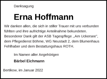 Traueranzeige von Erna Hoffmann von Prenzlauer Zeitung