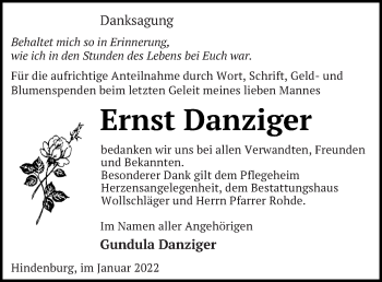 Traueranzeige von Ernst Danziger von Templiner Zeitung