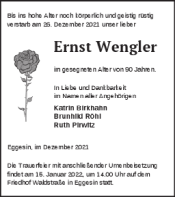 Traueranzeige von Ernst Wengler von Haff-Zeitung