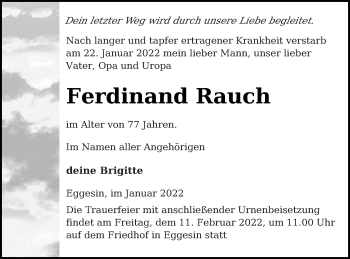 Traueranzeige von Ferdinand Rauch von Haff-Zeitung