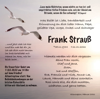 Traueranzeige von Frank Strauß von Neubrandenburger Zeitung