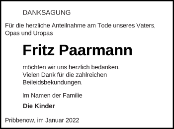 Traueranzeige von Fritz Paarmann von Mecklenburger Schweiz