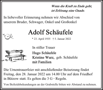 Traueranzeige von geb. Schäufele Freitagum Bützow Esgelten G-Regeln. vonunserem Schwager Onkelund Großonkel  von Bützower Zeitung