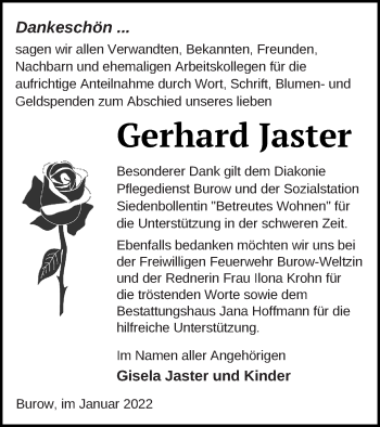 Traueranzeige von Gerhard Jaster von Neubrandenburger Zeitung