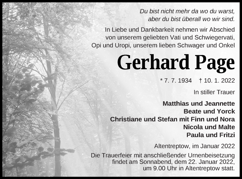  Traueranzeige für Gerhard Page vom 14.01.2022 aus Neubrandenburger Zeitung