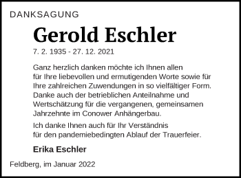 Traueranzeige von Gerold Eschler von Strelitzer Zeitung