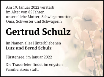 Traueranzeige von Gertrud Schulz von Strelitzer Zeitung