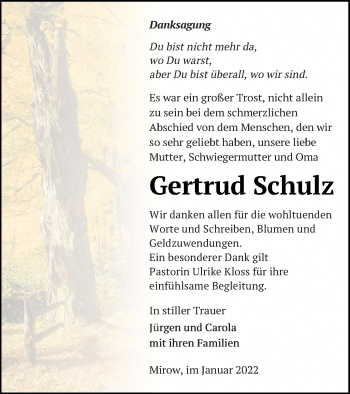 Traueranzeige von Gertrud Schulz von Strelitzer Zeitung