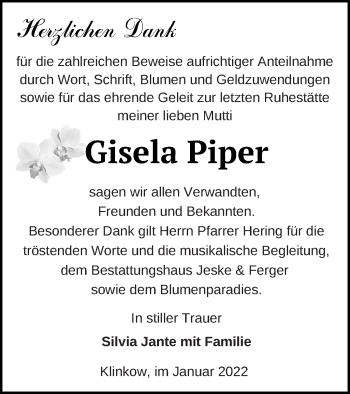 Traueranzeige von Gisela Piper von Prenzlauer Zeitung