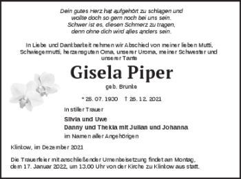 Traueranzeige von Gisela Piper von Prenzlauer Zeitung