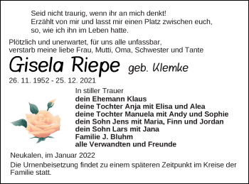 Traueranzeige von Gisela Riepe von Mecklenburger Schweiz