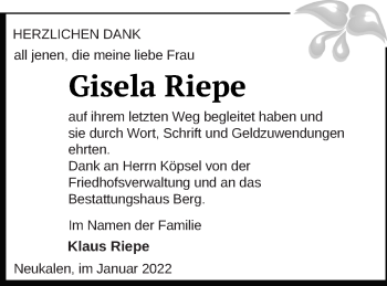 Traueranzeige von Gisela Riepe von Mecklenburger Schweiz