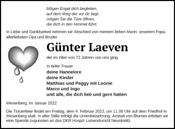 Traueranzeige von Günter Laeven von Strelitzer Zeitung