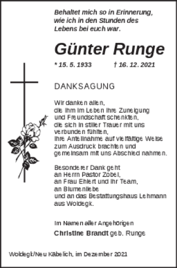 Traueranzeige von Günter Runge von Strelitzer Zeitung