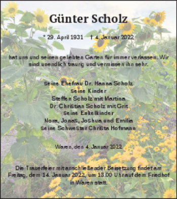 Traueranzeige von Günter Scholz von Müritz-Zeitung