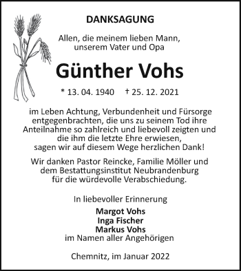 Traueranzeige von Günther Vohs von Neubrandenburger Zeitung