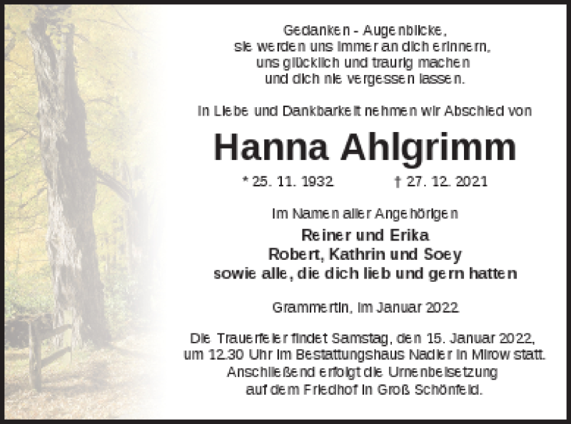  Traueranzeige für Hanna Ahlgrimm vom 08.01.2022 aus Strelitzer Zeitung