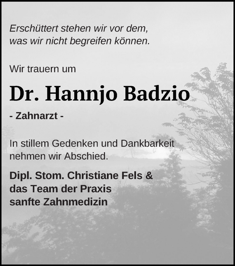  Traueranzeige für Hannjo Badzio vom 21.01.2022 aus Haff-Zeitung